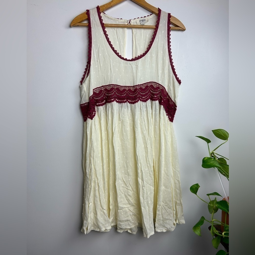 Umgee Cream Midi Dress with Burgundy Lace Trim